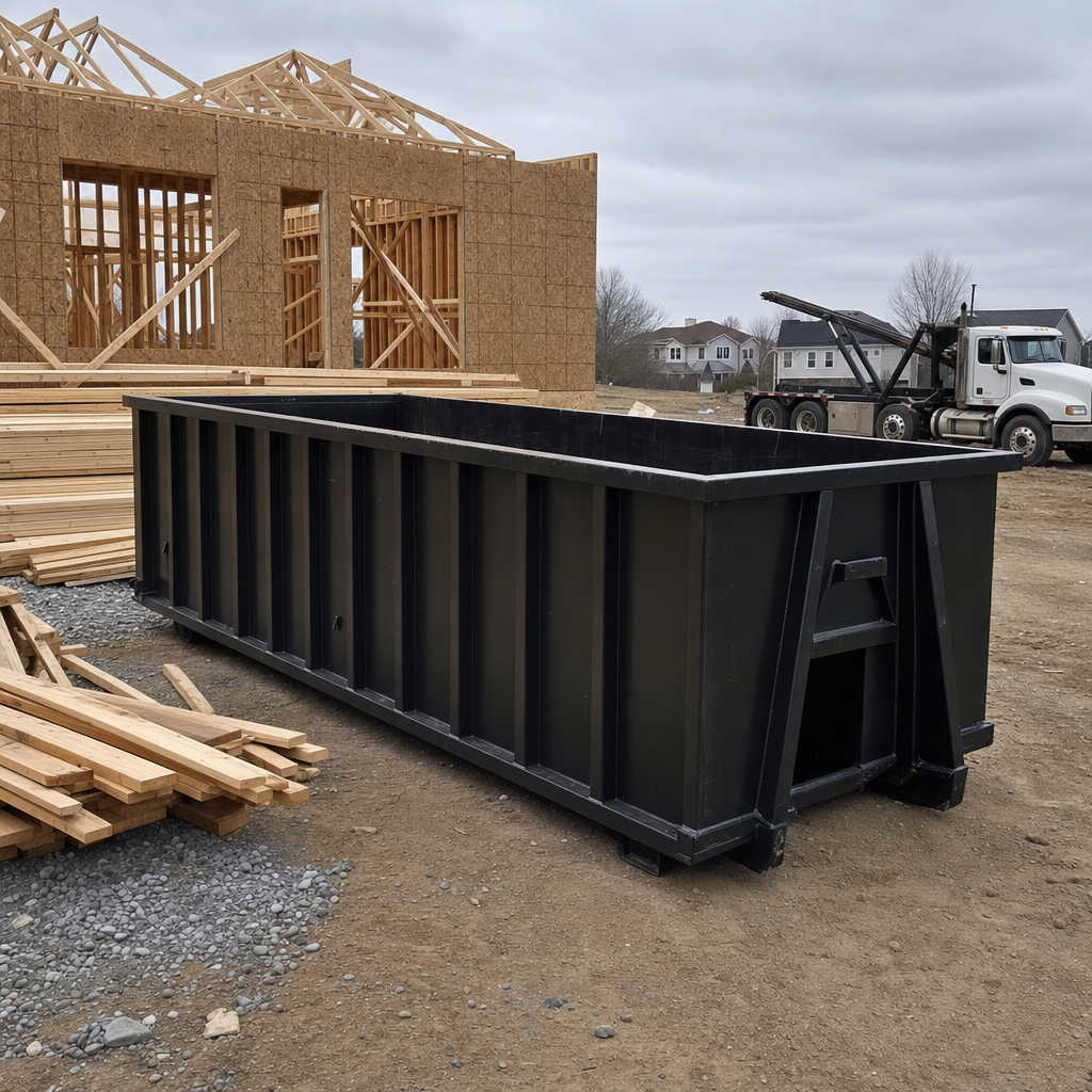 Matte-black 40-yard roll-off dumpster staged on a framed-out residential construction site in Harrisonburg, framing lumber stacked nearby, hooklift delivery truck visible in the background under bright Colorado daylight