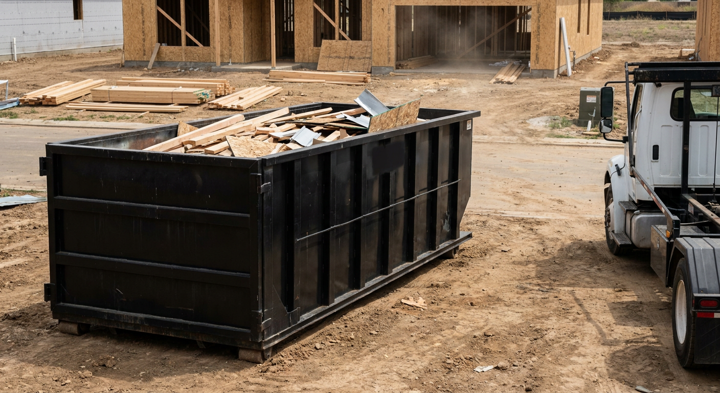 Matte-black 20-yard roll-off construction dumpster with heavy ribbed steel sidewalls and swing rear doors at a working jobsite in Harrisonburg, sitting directly on compacted dirt with an unmarked white hauler partially visible at the far edge of the frame.