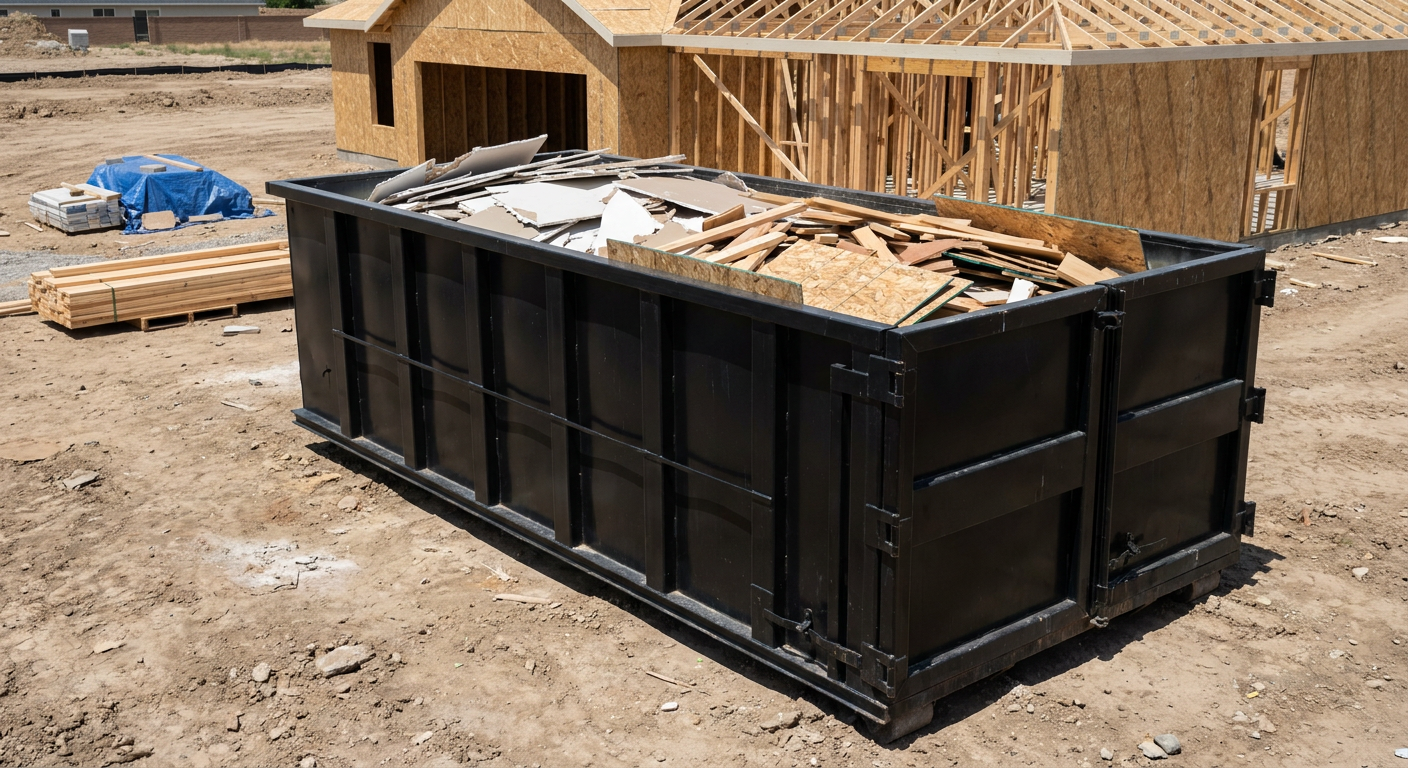 Matte-black 30-yard roll-off construction dumpster sitting directly on the compacted-dirt site of a framed single-family home build in Harrisonburg, drywall and lumber scrap loaded inside.