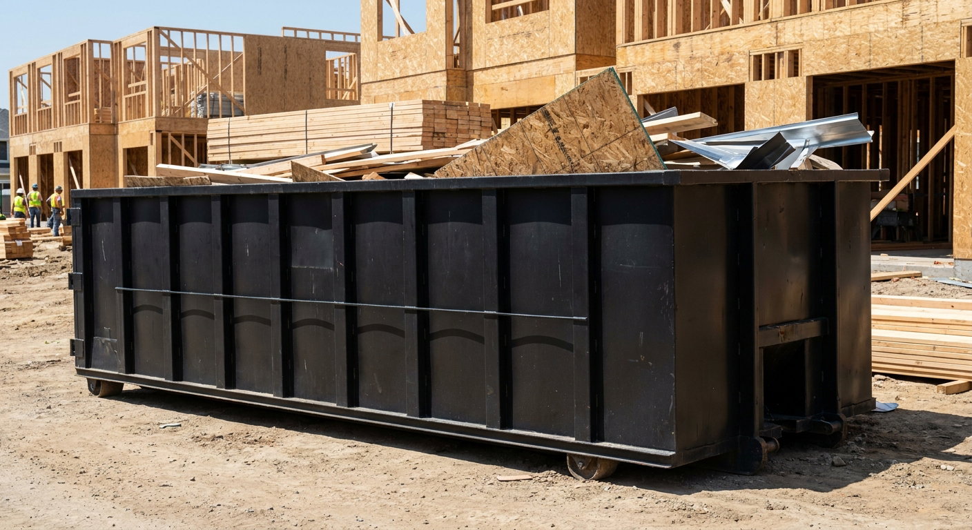 Matte-black 40-yard roll-off construction dumpster being lowered from a white-cab hooklift delivery truck onto the compacted-dirt jobsite at a commercial build site in Harrisonburg