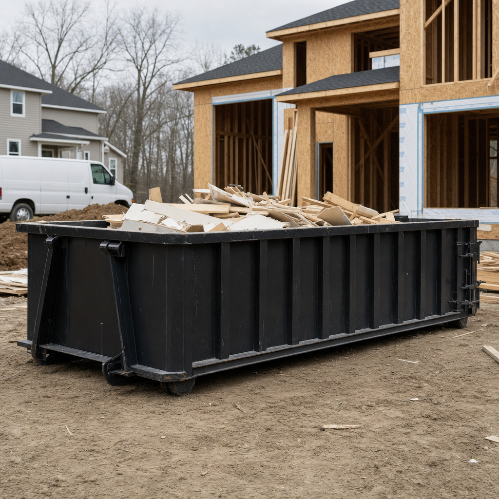 Worker in a yellow high-visibility vest tossing framing lumber and broken drywall into a matte-black 30-yard construction roll-off dumpster on an active build site in Harrisonburg, bright daylight