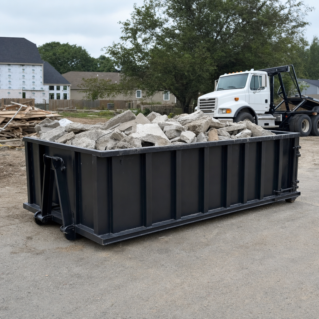 Low-profile matte-black lowboy roll-off dumpster loaded with broken concrete slab and rebar at a foundation tear-out in Harrisonburg, skid steer parked beside it, sunny Colorado morning