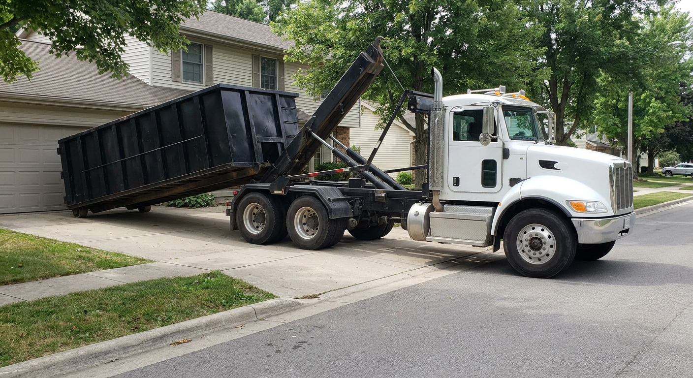 White-cab hooklift roll-off truck actively lowering a matte-black dumpster onto a Harrisonburg residential concrete driveway, the dumpster's rear wheels touching the driveway as the hoist arm tilts the bed forward, mid-morning daylight.