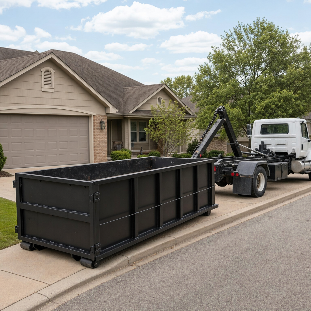 Wide documentary shot of a matte-black roll-off dumpster on a Harrisonburg residential driveway in the foreground and a contractor jobsite container in the soft-focus background, bright daylight, calm and orderly composition.