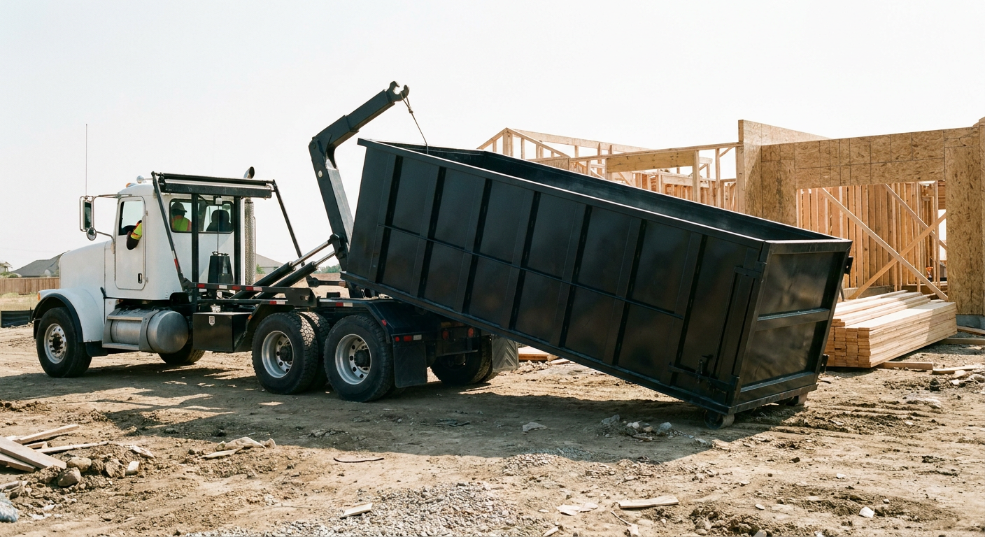 Matte-black roll-off dumpster being delivered onto a clean residential concrete driveway in Harrisonburg by an unmarked white hooklift hauler truck, bright morning daylight, documentary 35mm perspective.