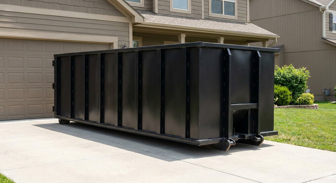 Matte-black residential roll-off dumpster sitting directly on a suburban Harrisonburg concrete driveway, garage door closed, single-family home in background, bright morning daylight.