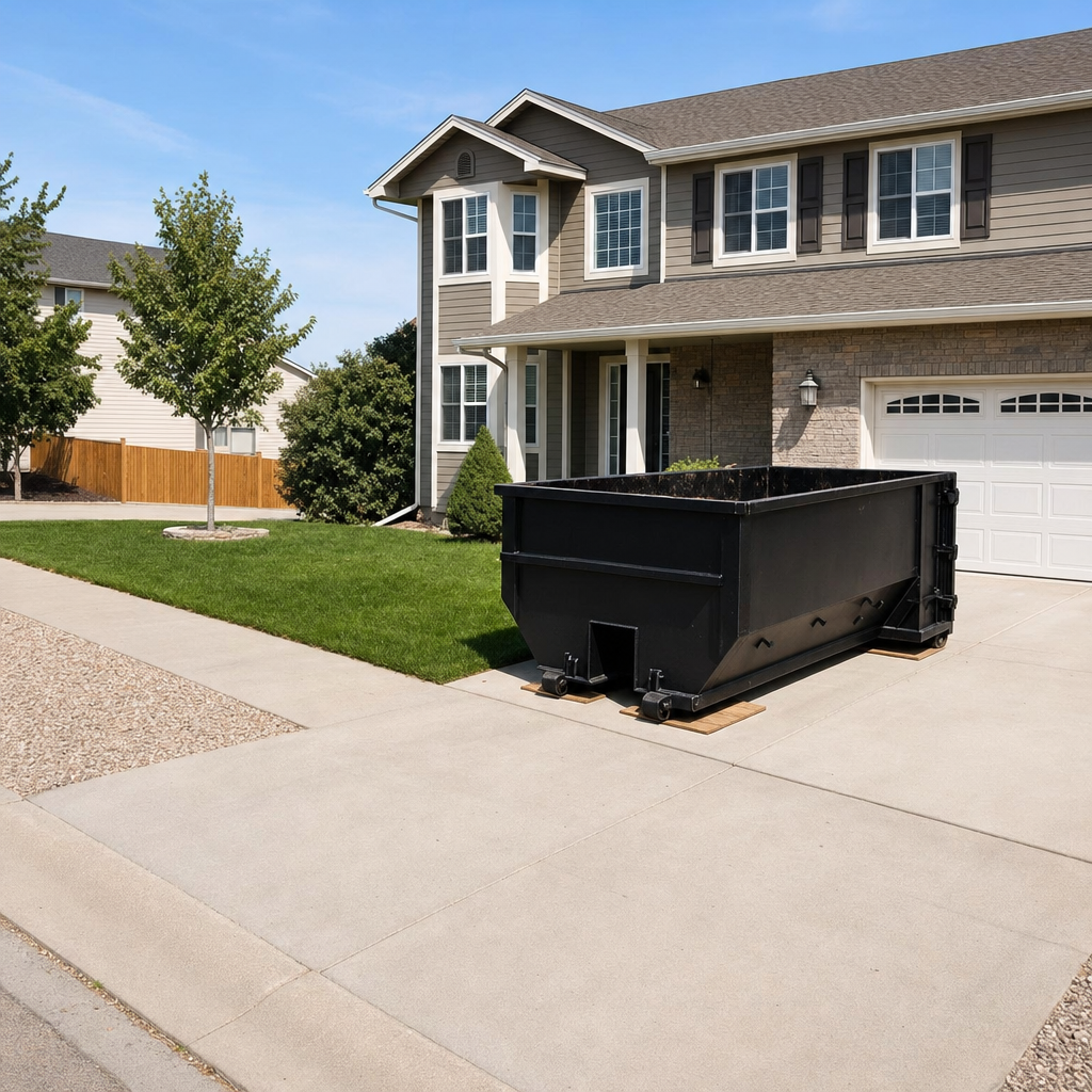 10-yard matte-black residential dumpster placed directly on a narrow Harrisonburg concrete driveway, room remains for a parked sedan beside it, mid-morning natural light