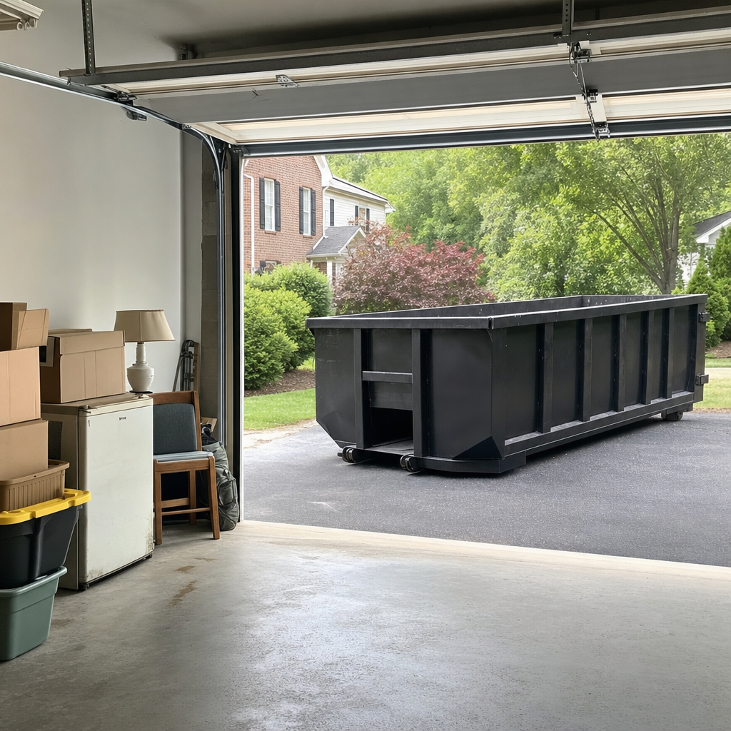 Open garage interior in a Harrisonburg home mid-cleanout — boxed items, an old appliance, and stacked yard tools queued near the driveway for a matte-black roll-off dumpster, organized and calm