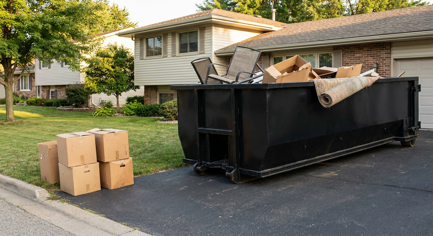Front-yard view of a Harrisonburg split-level home with a 20-yard matte-black roll-off dumpster sitting directly on the asphalt driveway, a few clearly labeled donation boxes staged at the curb, calm sunny afternoon.
