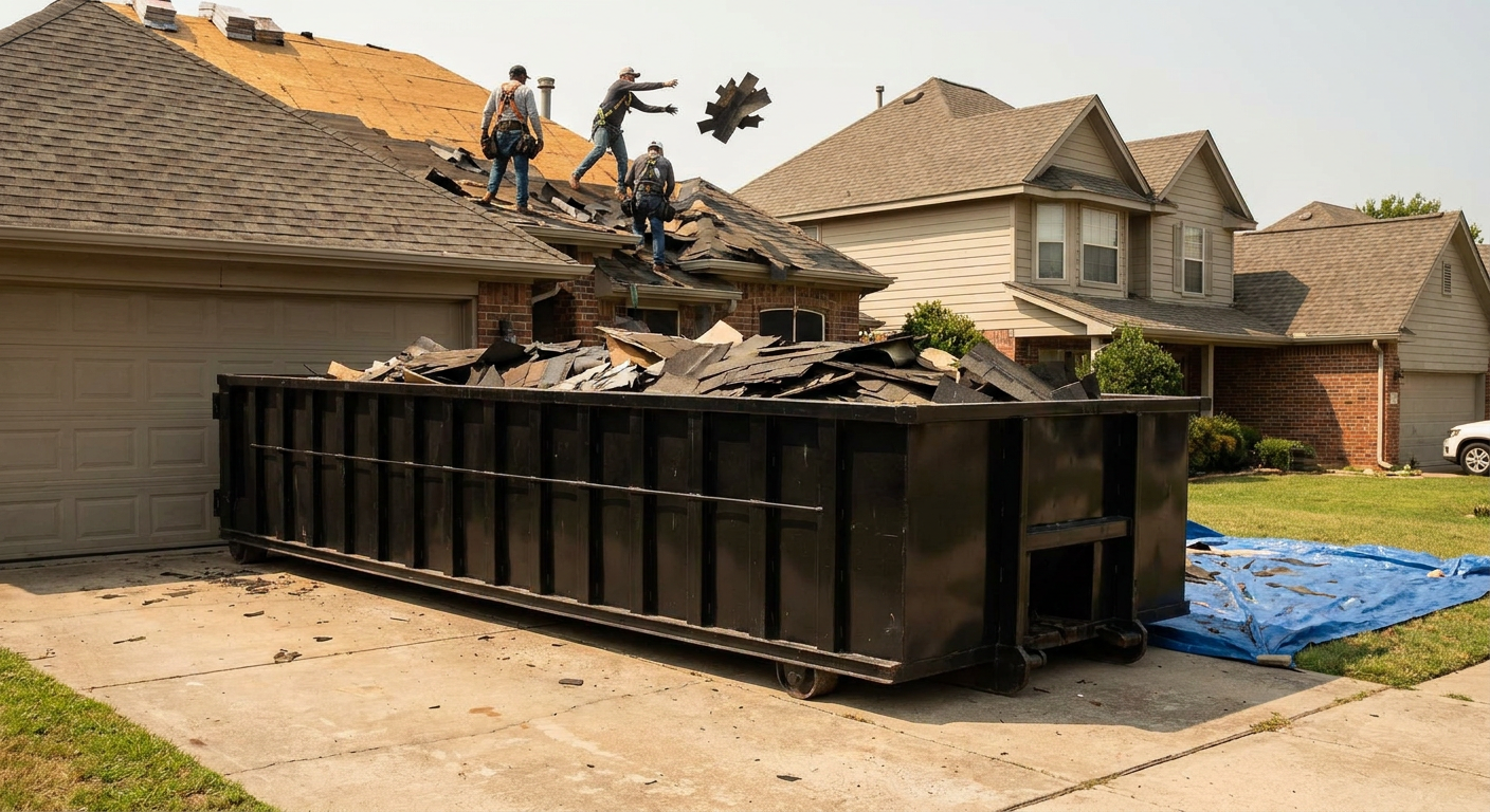 Matte-black roofing roll-off dumpster placed directly on a Harrisonburg residential concrete driveway, a tear-off crew on a two-story asphalt-shingle roof tossing shingle bundles into the low-walled container, bright daylight, documentary 35mm perspective.