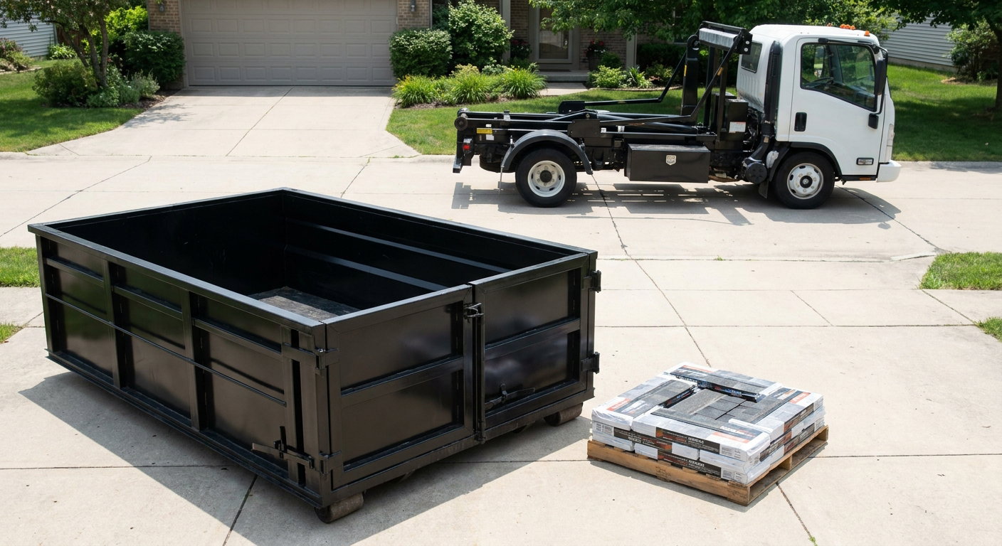 Matte-black 15-yard roofing roll-off dumpster with reinforced low side walls sitting directly on a Harrisonburg residential concrete driveway, three-tab asphalt shingle bundles stacked nearby, an unmarked white hauler truck partially visible at the edge of the frame.