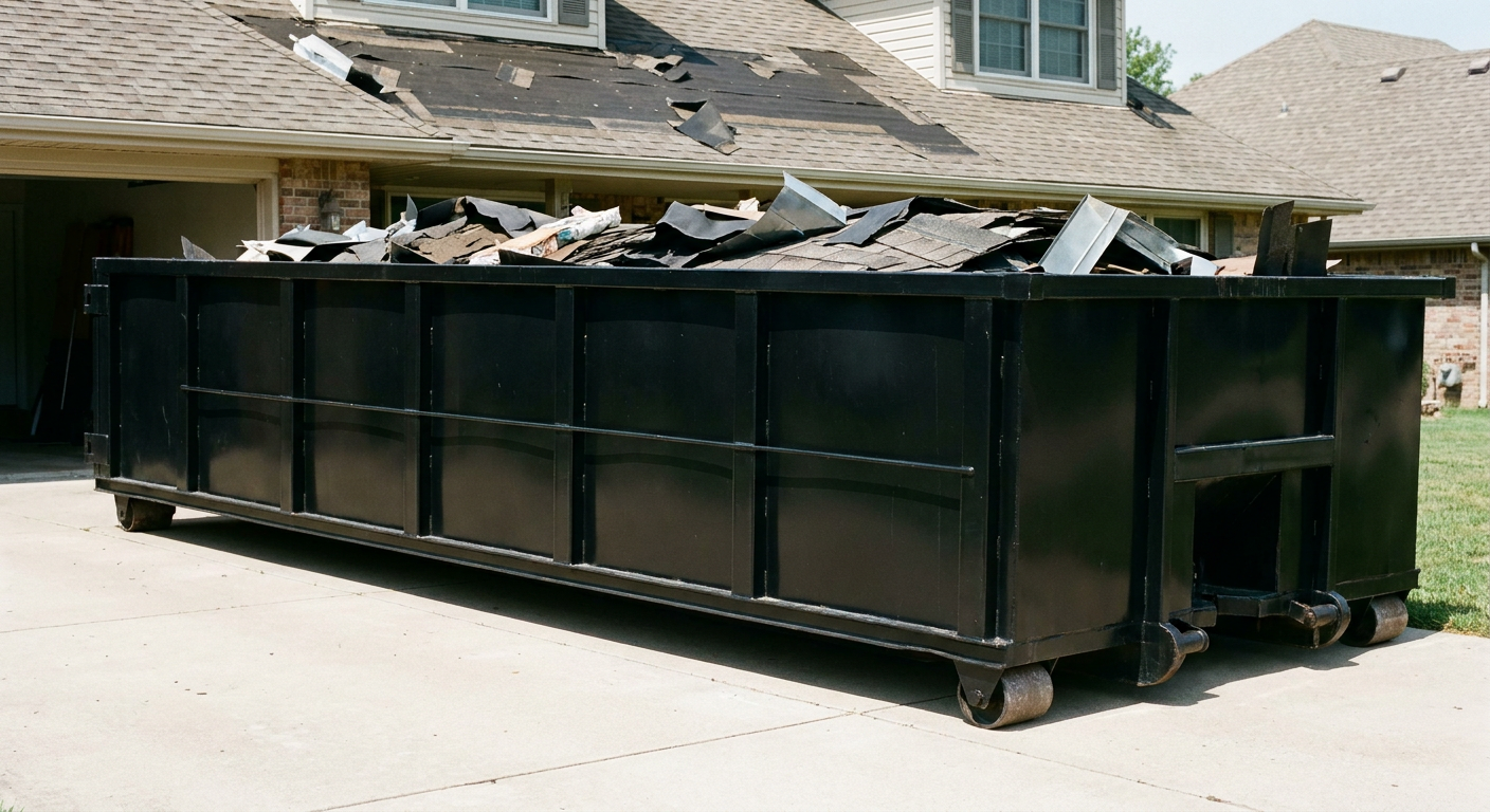 Matte-black 20-yard roofing roll-off dumpster with steel ribbed sides and swinging rear door, sitting directly on the concrete driveway of a two-story Harrisonburg home, asphalt shingle debris being loaded over the low wall, clean documentary lighting.
