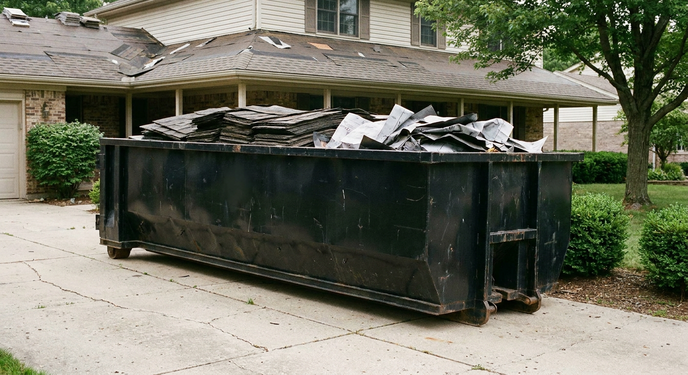 Matte-black 30-yard roofing roll-off dumpster sitting directly on a Harrisonburg concrete driveway, taller ribbed steel side panels, mixed tear-off debris of asphalt shingles and underlayment inside, professional documentary daylight.