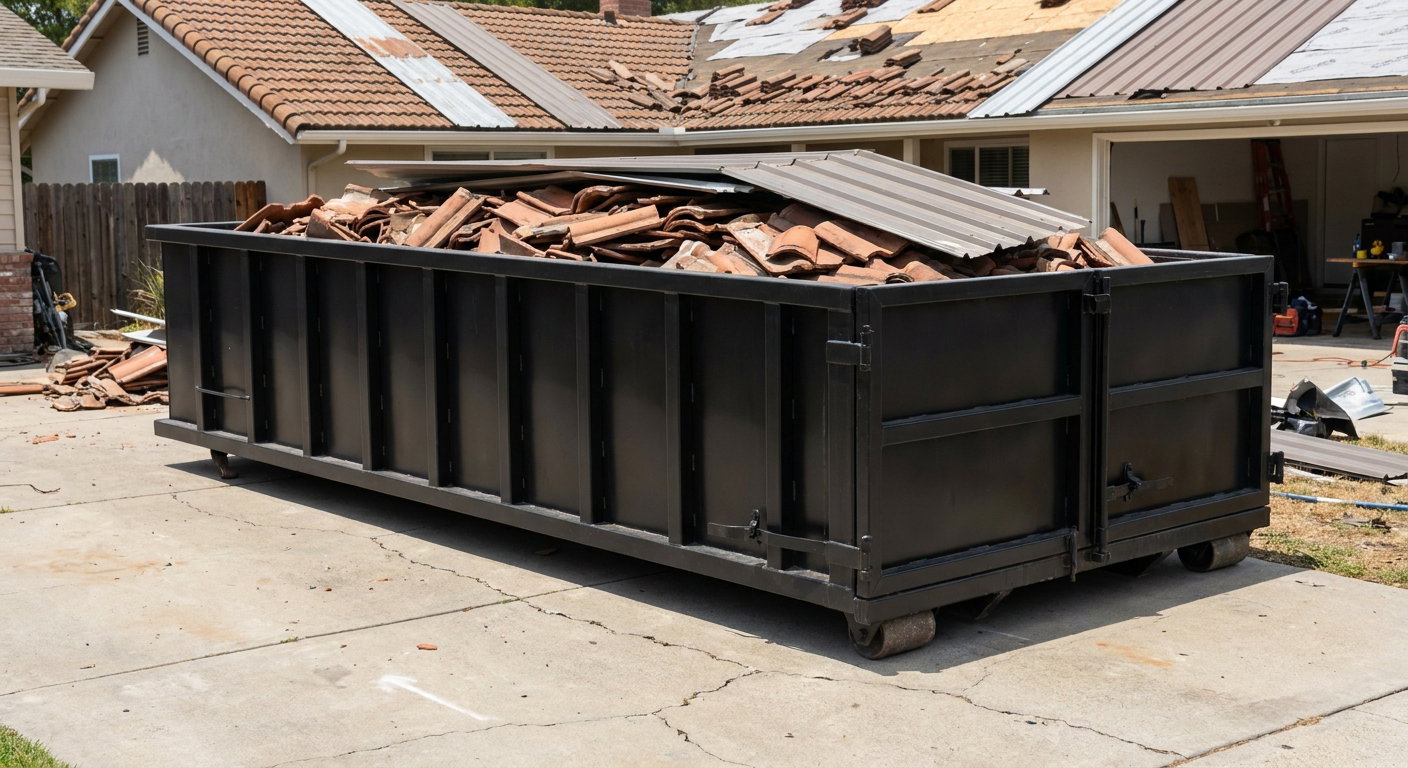Matte-black low-wall heavy-debris roofing roll-off dumpster sitting directly on a Harrisonburg concrete driveway, broken concrete clay roof tiles and metal panel sections loaded inside, reinforced ribbed steel side walls visible, bright outdoor daylight.