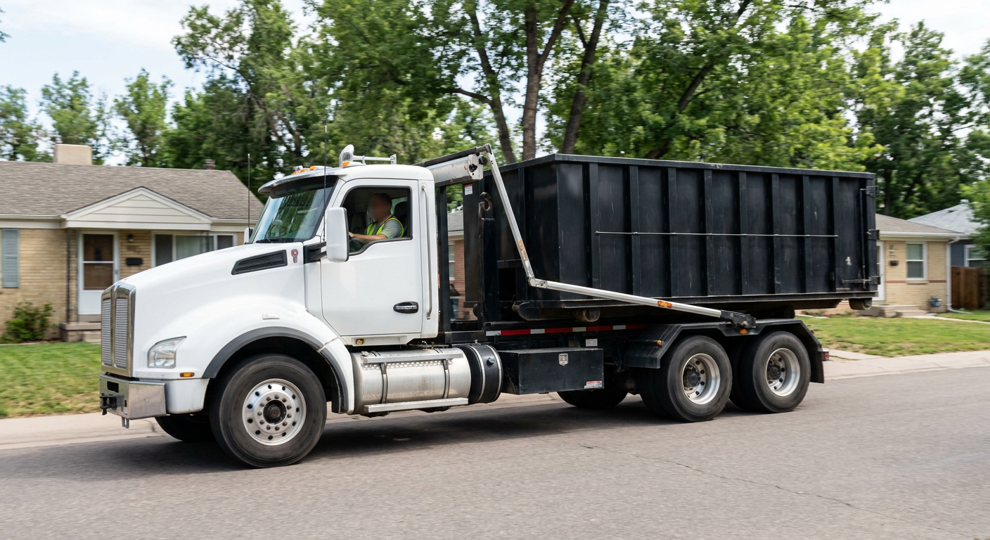 A wide documentary shot of a matte-black roll-off delivery truck pulling onto a quiet Harrisonburg residential street at mid-morning, with neighborhood rooftops and tree-lined blocks visible behind, showing the metro coverage footprint.