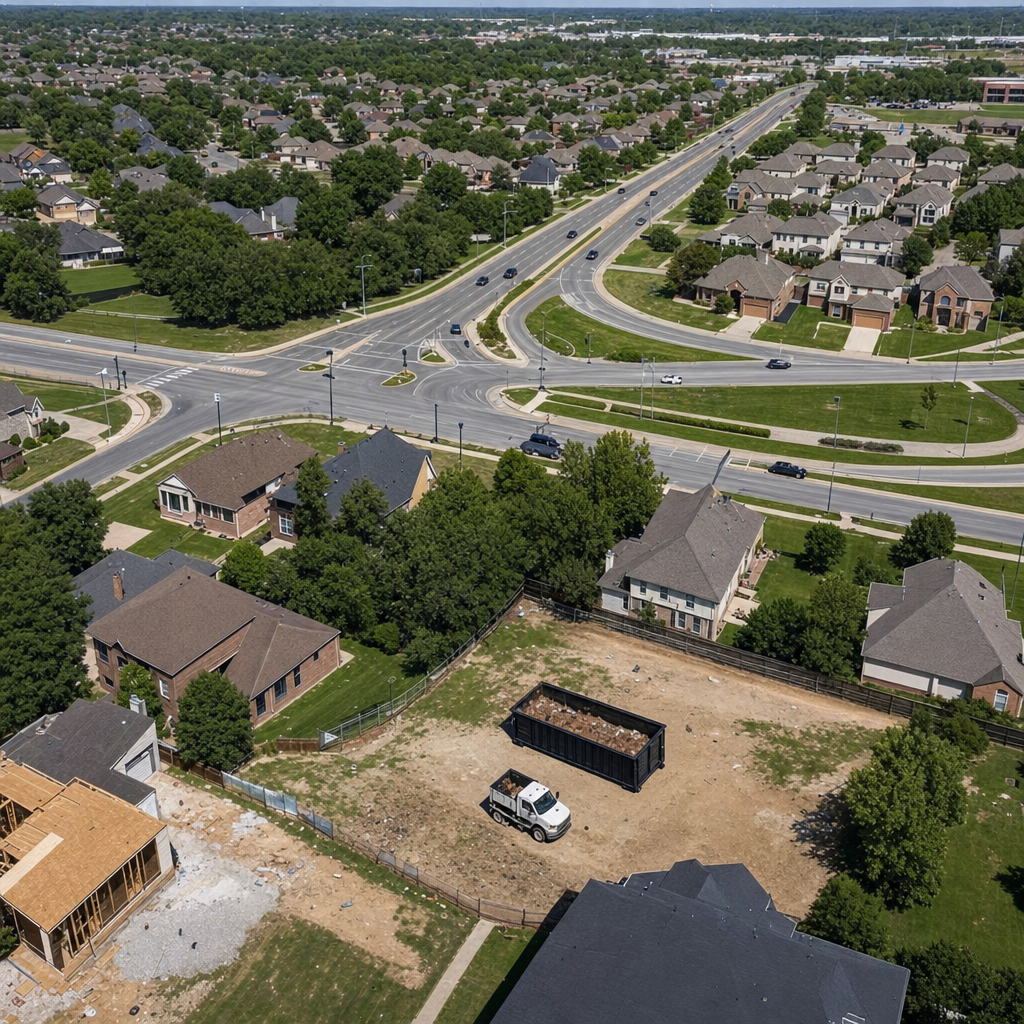 An overhead documentary view of the Harrisonburg metro area at midday, showing the spread of neighborhoods, arterial roads, and the dispatch radius from a central yard — clean daylight, organized geographic layout.