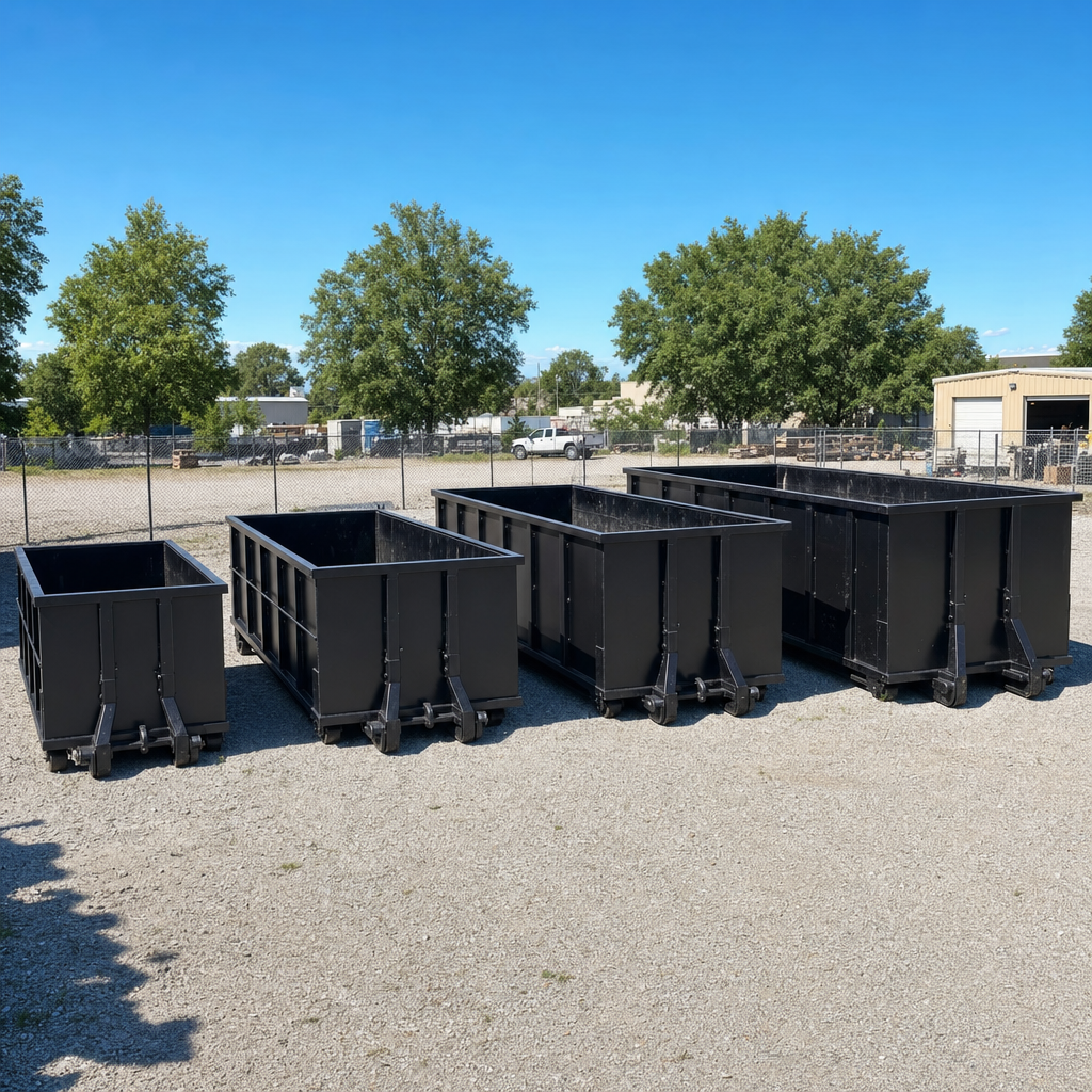 A clean lineup of matte-black roll-off dumpsters in 10, 20, 30, and 40-yard sizes staged on a sunlit gravel yard in Harrisonburg, showing the size progression from compact to commercial-scale containers.