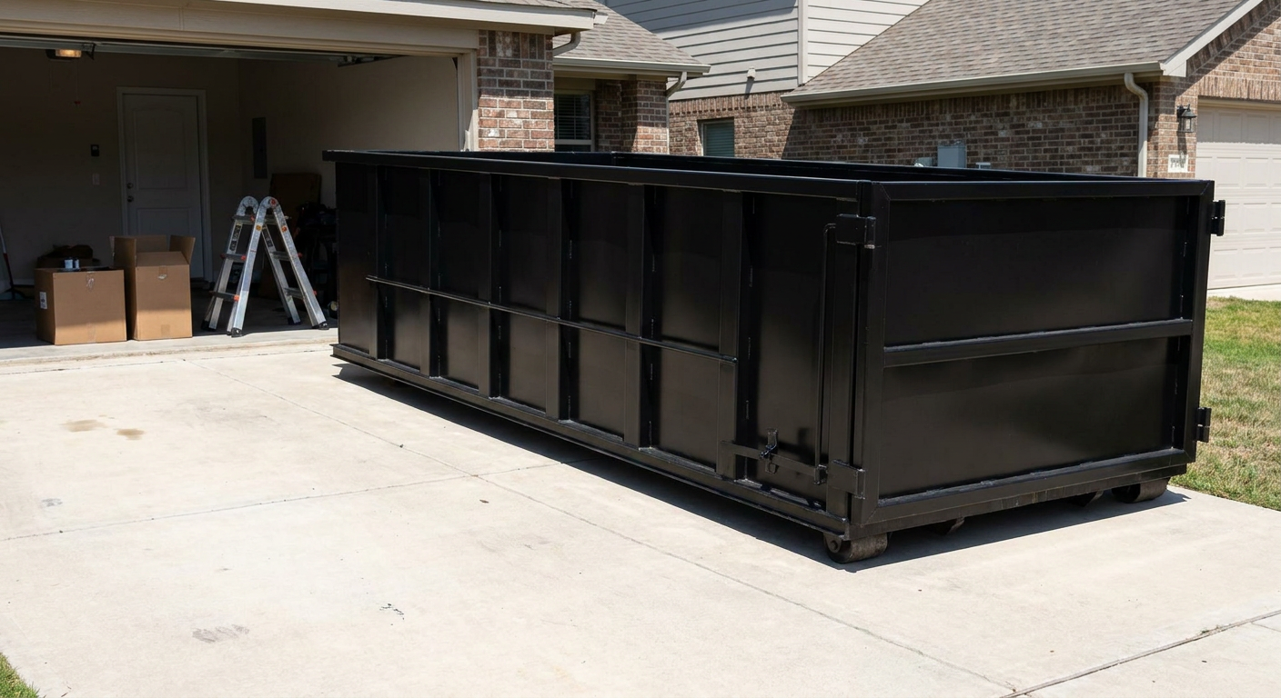 A matte-black 10-yard roll-off dumpster sitting directly on a residential Harrisonburg concrete driveway, mid-day sunlight, clean and ready for a garage cleanout.