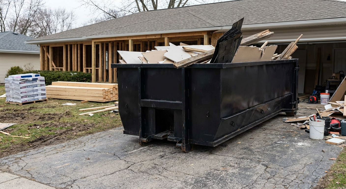 A matte-black 20-yard roll-off dumpster placed alongside a mid-renovation Harrisonburg home directly on the asphalt driveway, with framing materials and torn-off shingles staged neatly nearby.