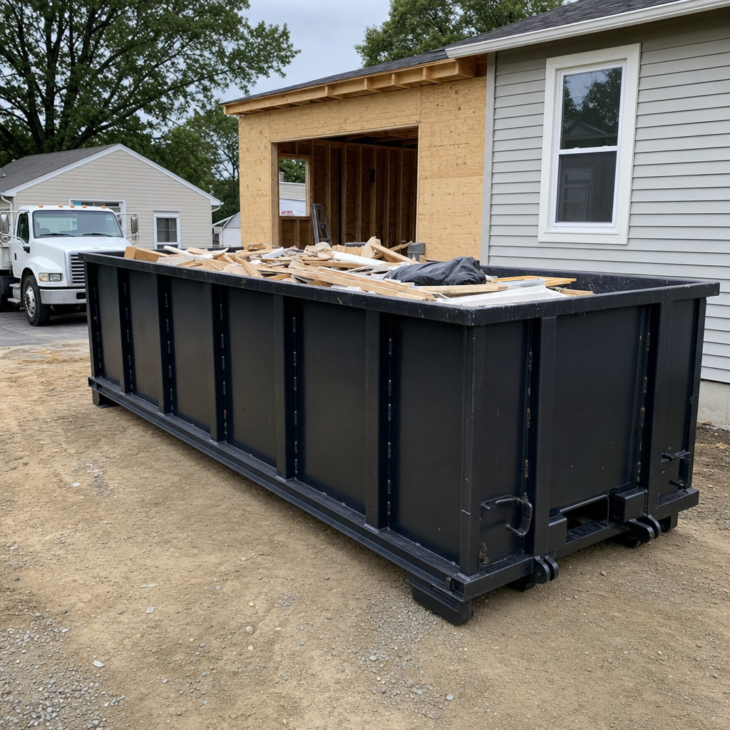 A matte-black 30-yard roll-off dumpster positioned at a Harrisonburg residential addition jobsite, with framing lumber and drywall scraps loaded through the open swinging rear doors.