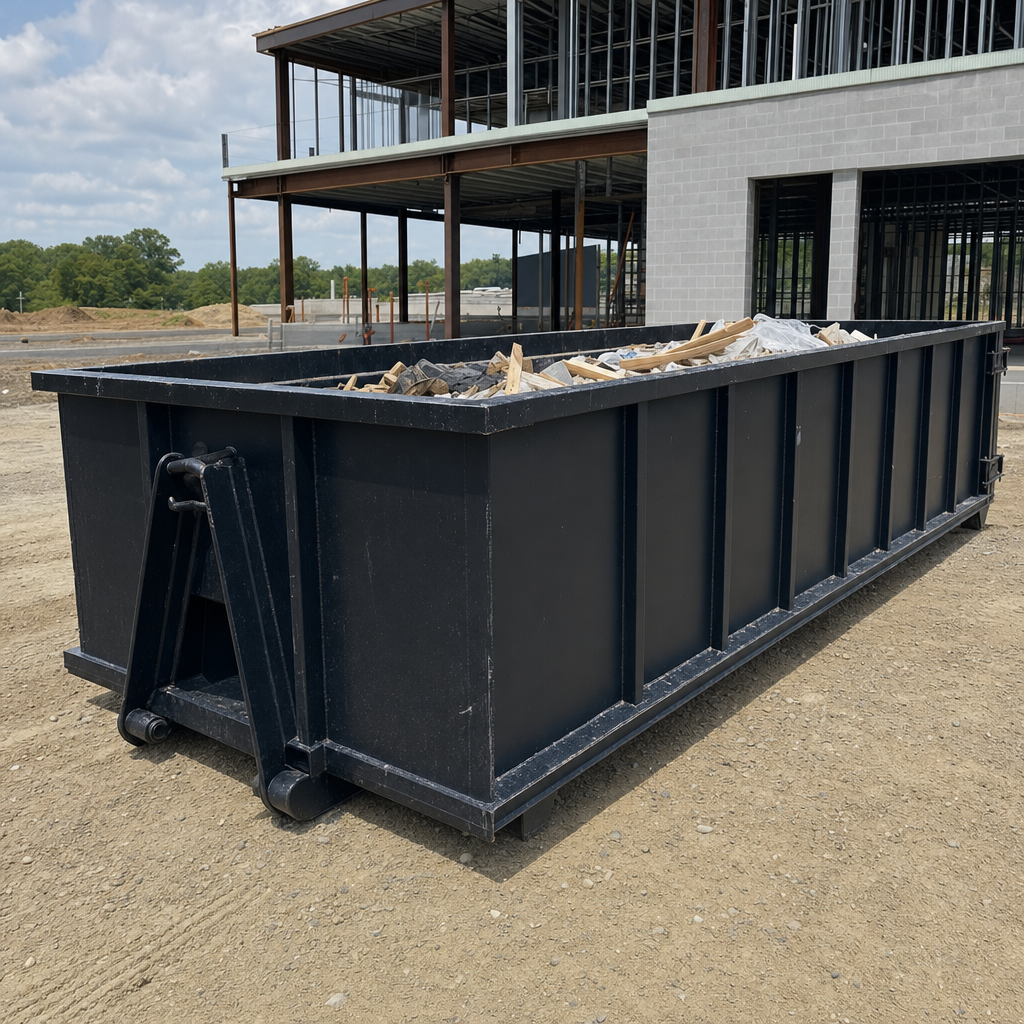 A matte-black 40-yard roll-off dumpster staged on a large Harrisonburg commercial construction lot, with a hooklift delivery truck parked alongside under bright midday sky.