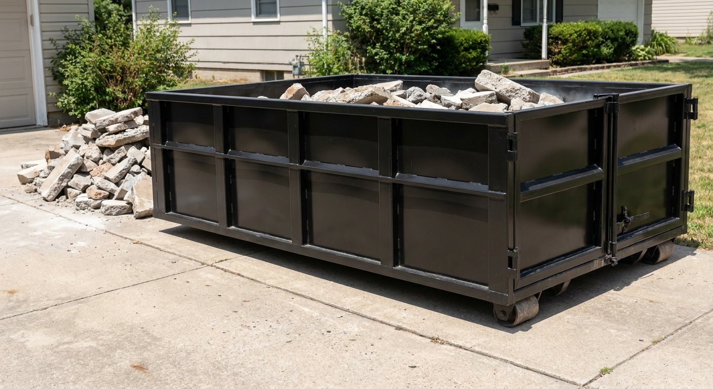 A matte-black low-side heavy-debris roll-off dumpster placed directly on a Harrisonburg concrete driveway, with broken concrete chunks neatly stacked beside it under clean daylight.